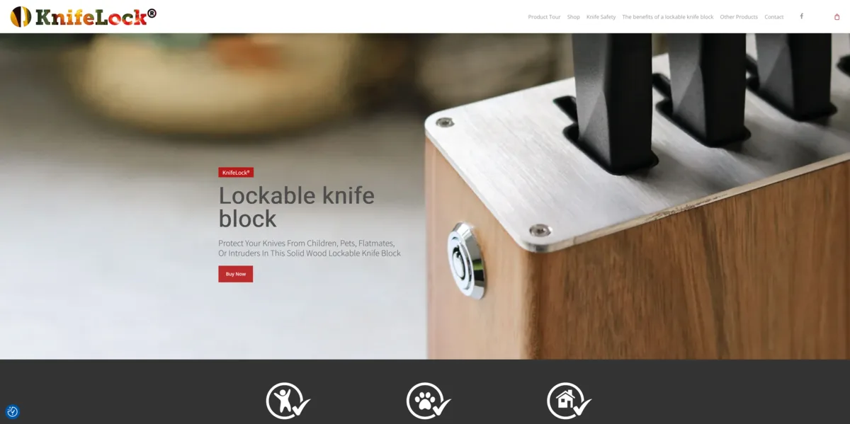 The KnifeLock ecommerce homepage, showing a lockable wooden knife block and a Buy Now button.
