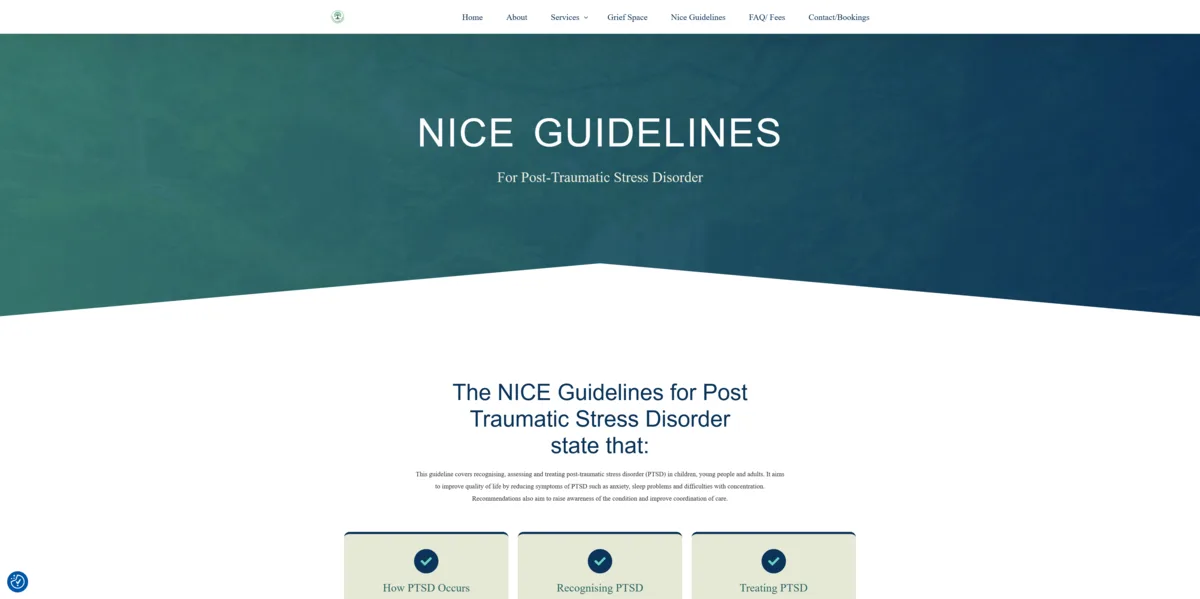 The Tree of Life Clinic website, showing its NICE Guidelines page on post-traumatic stress disorder.