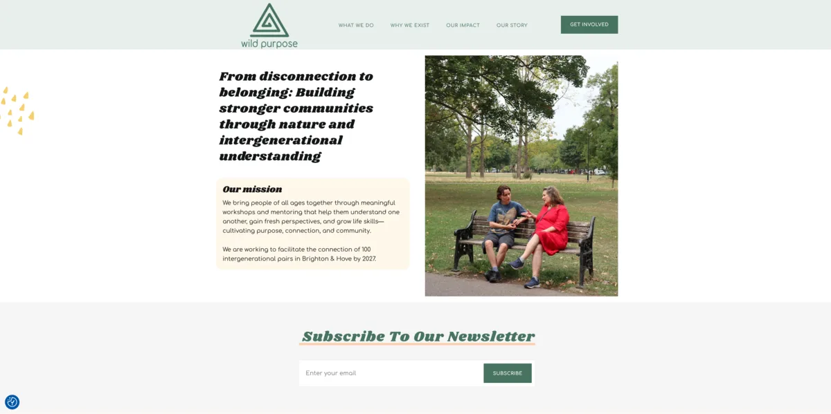 The Wild Purpose website, showing its mission section about intergenerational community building.